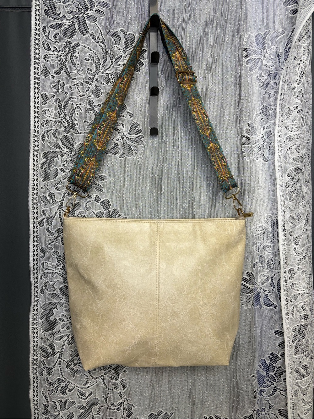 Women's Spacious Beige Bag With Cute Decorative Strap